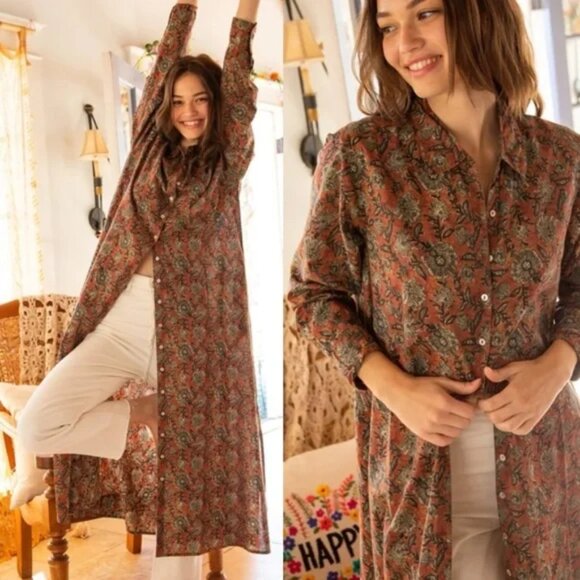 Natural Life Drew Cotton Button Down Rusty Floral Shirt Dress | Size L / XL - Picture 3 of 7